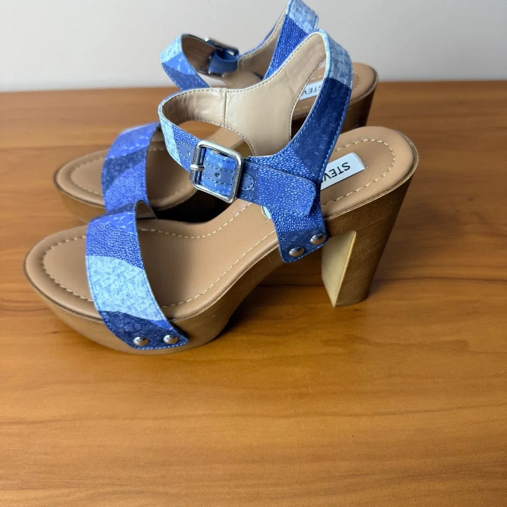 Steve‎ Madden Womens Blue Patchwork Denim Platform Block Heel Sandals Size 6M